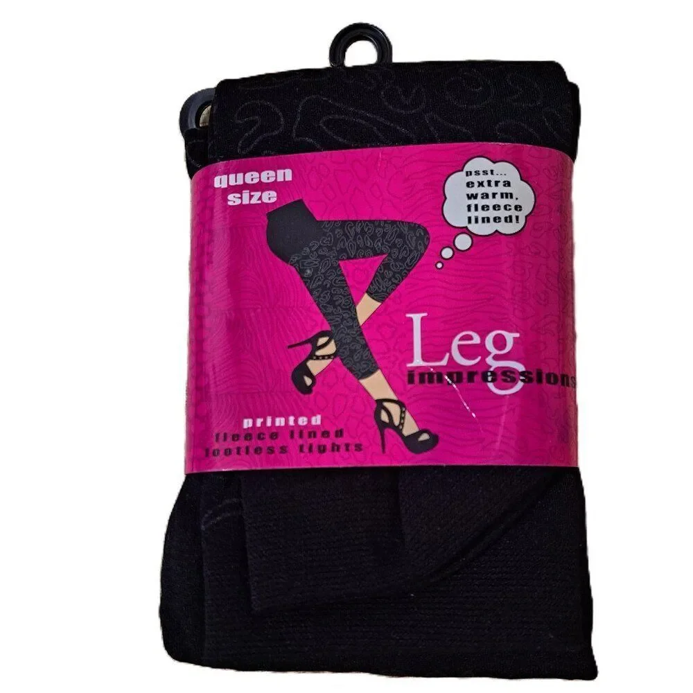 Leg Impressions Women's Footless Black Printed Fleece Lined Tight Sz Queen